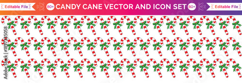 Candy cane. Vector. Christmas stick and round swirl candies icon. Peppermint lollipop symbol isolated on white background in flat design. Cartoon illustration. Striped traditional noel desserts