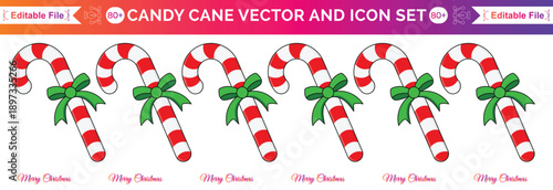 Candy cane. Vector. Christmas stick and round swirl candies icon. Peppermint lollipop symbol isolated on white background in flat design. Cartoon illustration. Striped traditional noel desserts