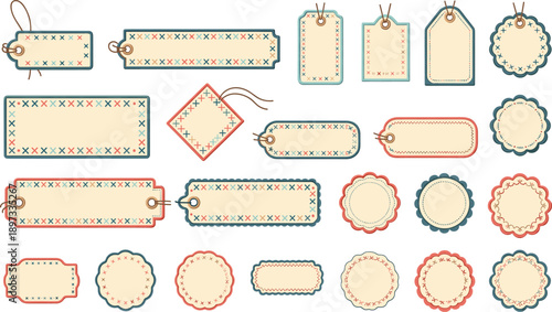 Set of vintage paper labels and gift tags with decorative colorful cross stitch borders for scrapbooking greeting cards and craft projects