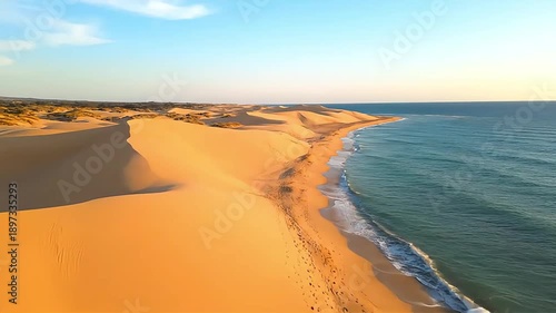 Expansive golden sand dunes meet the turquoise ocean under a clear blue sky.