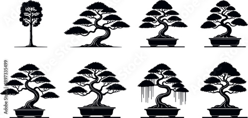 Bonsai tree silhouette collection with potted Japanese bonsai shapes, zen nature balance and minimal botanical illustration set isolated on white background
