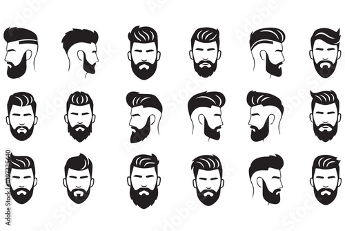 Men's Hairstyles and Beard Silhouettes Set, Barbershop Logo Design Elements and Haircut Icons
