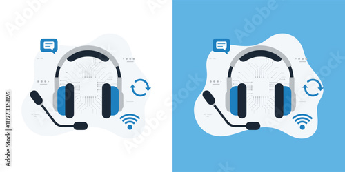 Headset with microphone and wireless connectivity icon on contrasting backgrounds