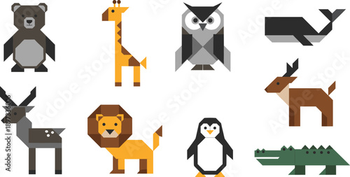 Set of minimalist geometric animal icons in flat design style featuring bear giraffe owl whale deer lion penguin and crocodile