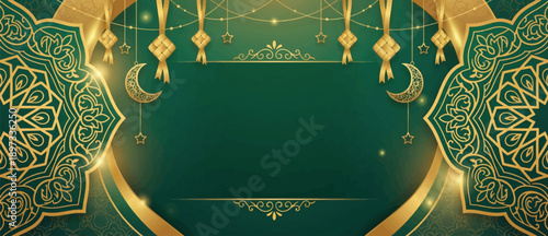 Islamic Green and Gold Greeting Background with Ketupat, Lanterns, and Elegant Arabesque Frames