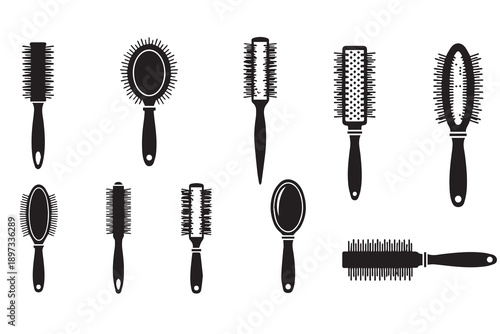 Hair Brush Set Silhouettes, Professional Salon Hair Care and Styling Tools Vector Icons