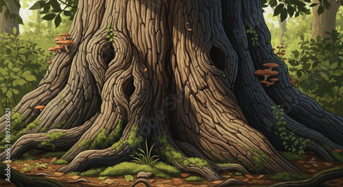 The gnarled, ancient trunk of a majestic forest tree with deep roots, natural hollows, and small mushrooms.