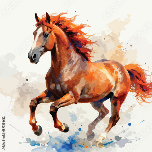 Watercolor painting of horse in motion with flowing mane and warm colors on abstract background
