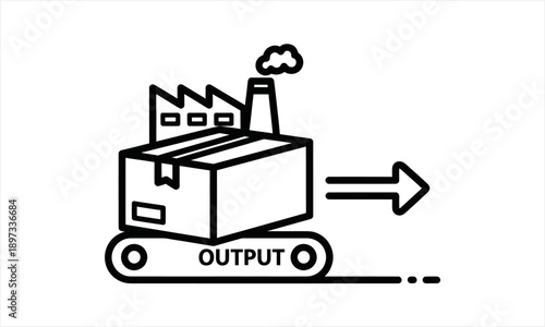 Factory production line with output box and arrow.