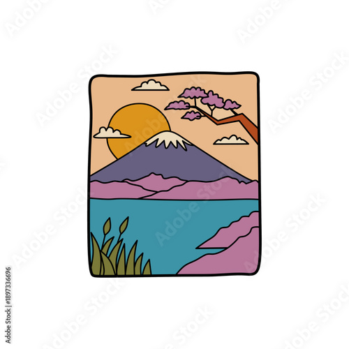 Mount Fuji Minimalist Lake Sunset Illustration