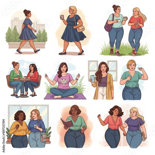 A vibrant collection of illustrations showcasing diverse women with various body types engaging in everyday activities and social interactions.