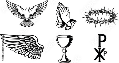 Christian religious symbol silhouettes set with dove, praying hands, crown of thorns, chalice and Chi Rho cross, black vector illustration isolated on white