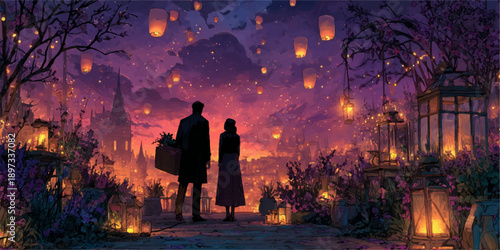 A cartoon illustration of a loving couple sitting on a couch with a teddy bear