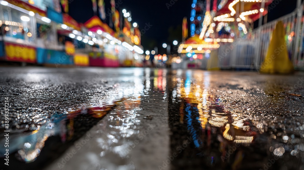 Obraz premium Rain puddle reflecting carnival lights at night