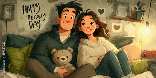 A cartoon illustration of a loving couple sitting on a couch with a teddy bear