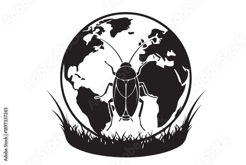 Cockroach on Earth Globe Silhouette, Global Pest Control and Insect Infestation Vector Icon
