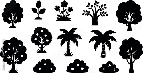 Minimalist tree and nature silhouette icon set with palm deciduous trees and flowering shrubs for landscape branding vector.