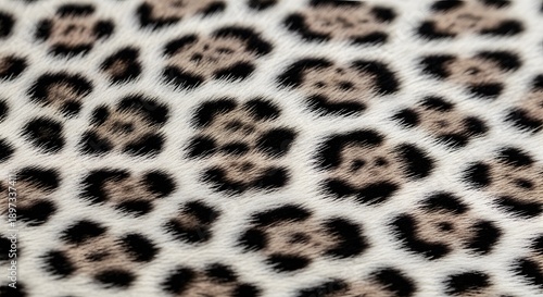 Snow leopard fur texture with grey and black rosettes. Soft wildlife skin detail for luxury winter fashion. Macro shot of feline hair showing natural camouflage and thick coat