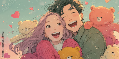 A cartoon illustration of a loving couple sitting on a couch with a teddy bear