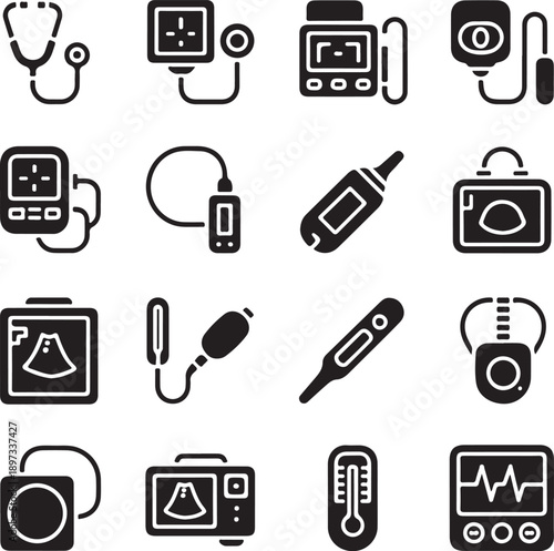 Medical diagnostic devices and monitoring equipment icons set