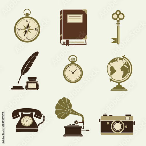 Vintage icons depicting old technology and navigation tools in sepia-toned illustrations viewed from a straightforward perspective