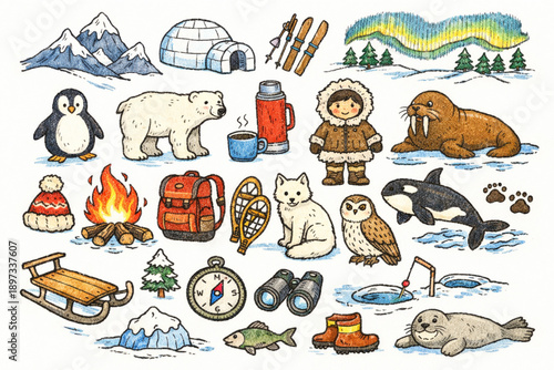 Hand-Drawn Winter Icon Set – Arctic Animals, Nature Elements, and Adventure Gear