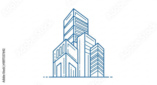 A blue line drawing of a modern cityscape with sleek skyscrapers and clean lines