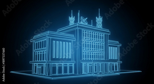 A futuristic blue neonlit building with sleek lines and modern architecture on a dark background with spires and towers