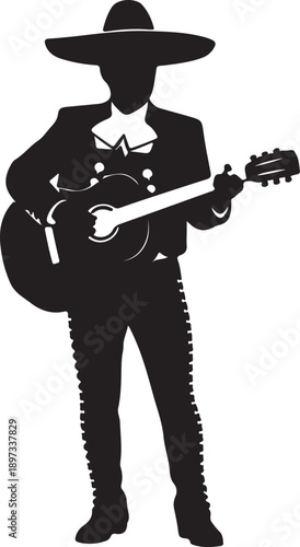 Silhouette of a mariachi musician playing guitar, traditional Mexican culture