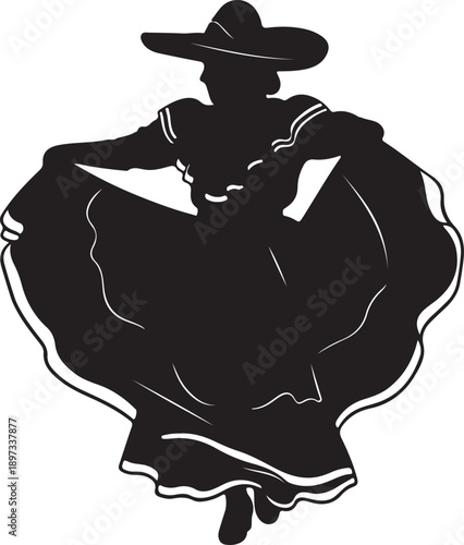 Silhouette of a woman in a traditional Mexican dress dancing gracefully