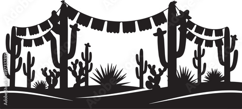Silhouette of a desert landscape with cacti and festive pennant flags