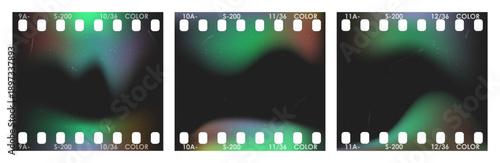 Set of 35mm film frames with multicolor aurora light leaks. Vintage film strip with sprocket holes, dust and scratches. Retro analog camera aesthetic with green and purple flares for photo overlay.