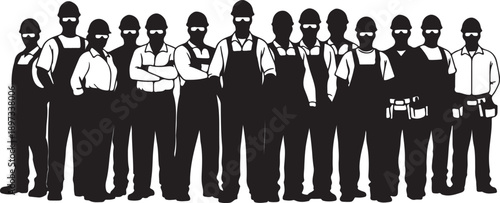 Silhouette of a group of construction workers standing together, diverse team