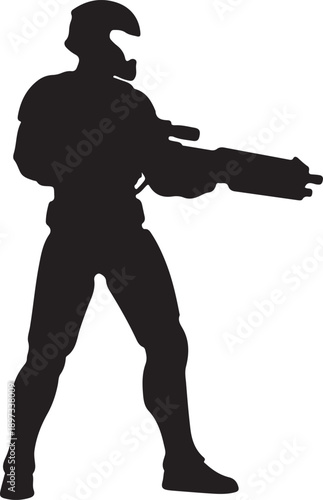 Silhouette of a futuristic soldier or warrior with a large weapon