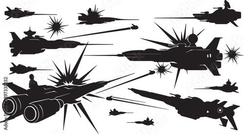 Silhouette of a spaceship battle with lasers and explosions in space