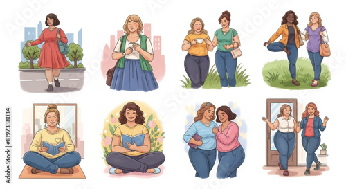 A collection of vibrant illustrations showcasing diverse, curvy women enjoying various everyday activities, from urban strolls to quiet reading and friendly interactions.