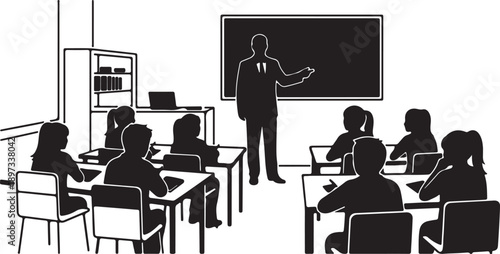 Teacher in front of a blackboard instructing students in a classroom setting
