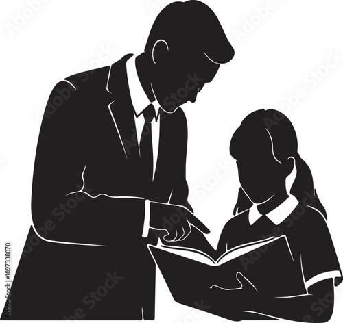 Teacher points to open book helping a young student study in a black and white illustration