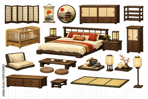 Asian Bedroom Furniture Set with Large Bed and Cot, Japanese Oriental Flat Style Icons