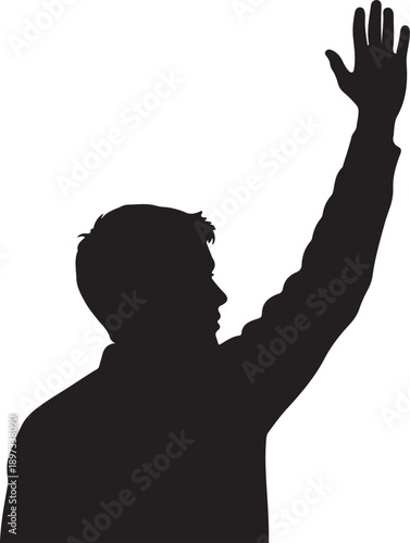 Silhouette of a man with his arm raised, waving or voting, against a white background