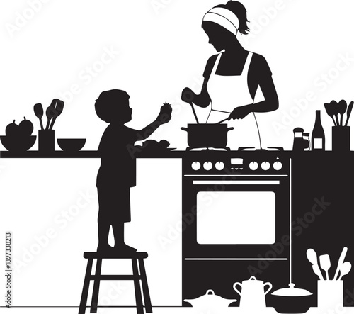 Mother and son cooking together in kitchen at home vector illustration black silhouette