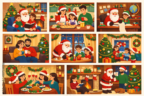 7 Christmas Flat Vector Illustrations: Cozy Home Interiors with Santa for Holiday Banners and Postcards