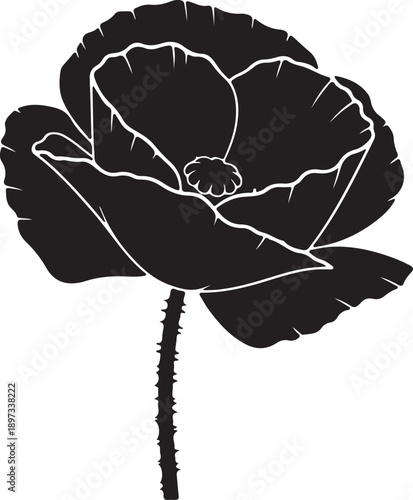 Silhouette of a single poppy flower with detailed petals and stem, black and white
