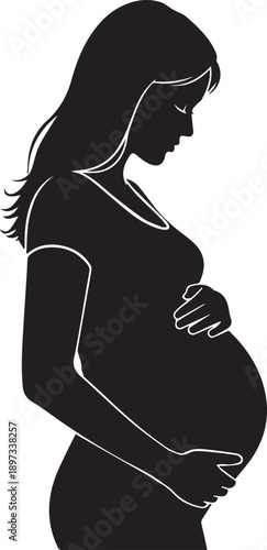 Pregnant woman profile holding belly vector illustration for pregnancy and maternity healthcare theme