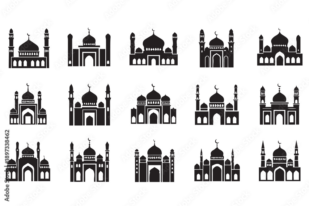 Fototapeta premium Mosque Silhouette Icon Set – Islamic Architecture Vector Collection for Ramadan and Eid
