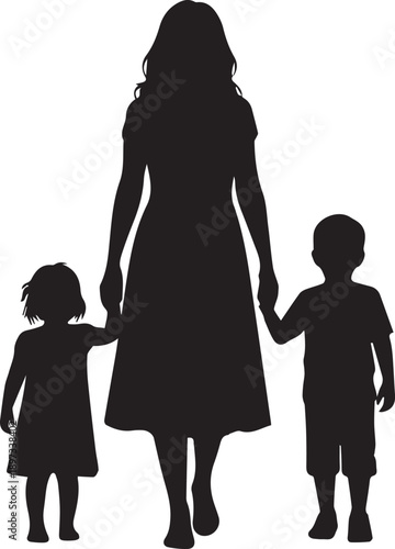 Mother walking with children holding hands, family outing, togetherness, parent love, vector illustration