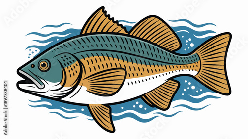 A stylized illustration of a red drum fish swimming in blue water (2)_traced