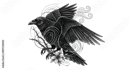 Intricate black and white illustration of a raven with spread wings perched on a thorny branch amidst swirling patterns and a delicate flower.