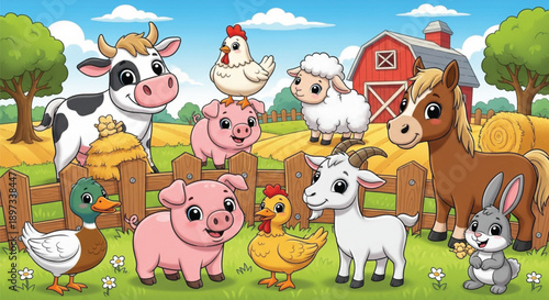 A vibrant cartoon illustration depicting a cheerful group of diverse farm animals gathered in a picturesque rural setting with a red barn.