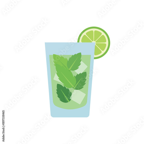 Flat design graphic of a refreshing drink with vibrant mint, ice, and a lime slice in a tall glass, ideal for summer menus or cool beverage promotions
